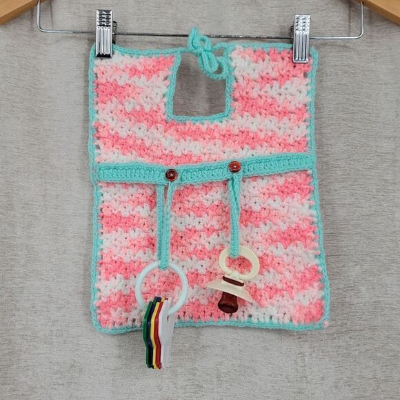 Playtime Bib Hand Crochet Pink & Mint With Toy Attachments Vintage 80s - Picture 5 of 8